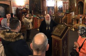 With the priest of the historic Uspenskaya Church in Zavidovo.