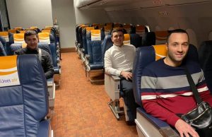 Part of the Serbian team enjoying the hospitality of the simulated airplane